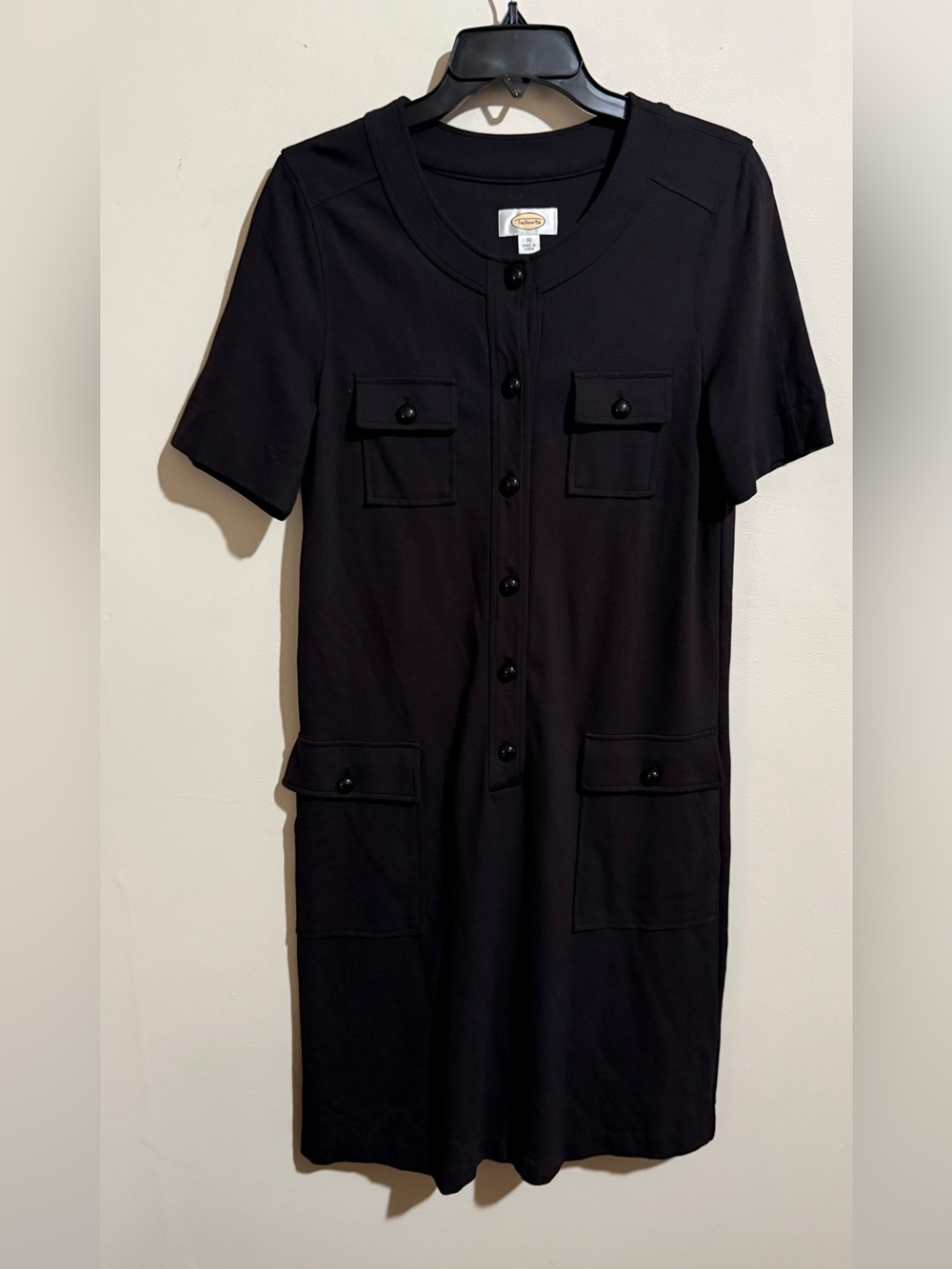 Talbots Black Short-Sleeve Button-Front Midi Dress with Patch Pockets